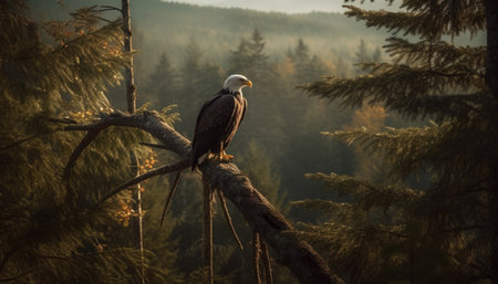 Bald eagle perching on branch in forest generated by artificial intelligenceの素材