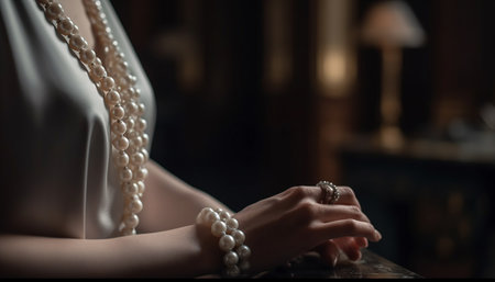 Young woman holding pearl necklace on wedding day generated by artificial intelligenceの素材