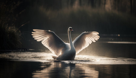 Mute swan spreads wings, takes off gracefully generated by artificial intelligenceの素材