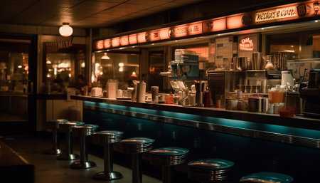 Modern bar counter illuminated inside nightlife establishment generated by artificial intelligenceの素材