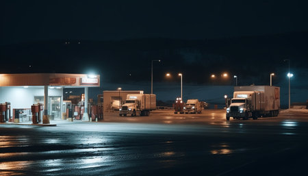 Semi truck delivering cargo container in illuminated city generated by artificial intelligenceの素材