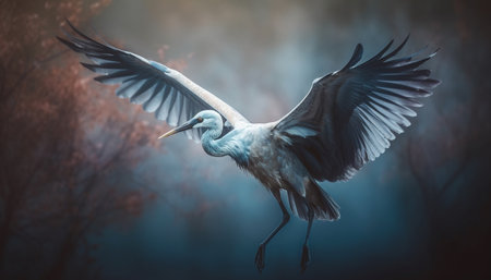 Spread wings, egret taking off over water generated by artificial intelligenceの素材