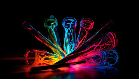 Glowing colorful cocktails illuminate the futuristic nightclub chaos generated by artificial intelligenceの素材