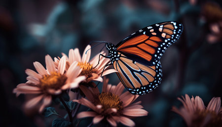 Monarch butterfly pollinates vibrant daisy in summer generated by artificial intelligenceの素材