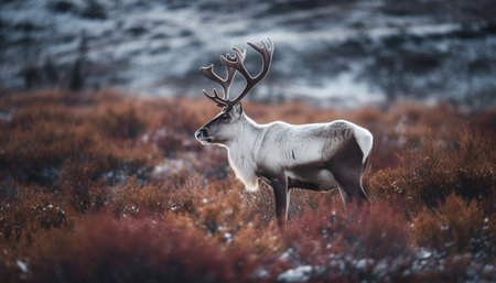Horned stag grazes in tranquil winter meadow generated by artificial intelligenceの素材