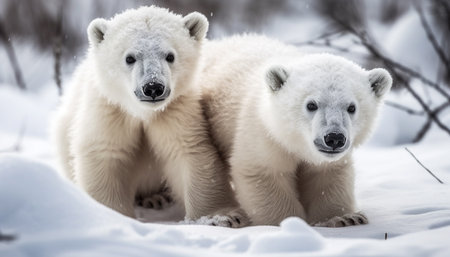 Fluffy bear cub playing in snowy forest generated by artificial intelligenceの素材