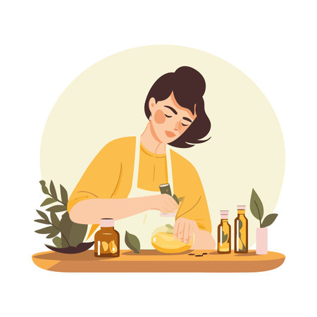 Smiling woman cooking healthy meal in natureのイラスト素材