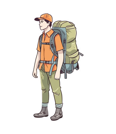 Backpacker hiking mountain, exploring nature with successのイラスト素材