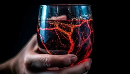 A hand pours red wine into a wineglass, celebrating luxury generated by artificial intelligenceの素材
