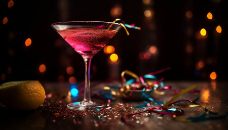 Nightclub celebration colorful cocktails, confetti, and glowing reflections illuminate the fun generated by artificial intelligenceの素材