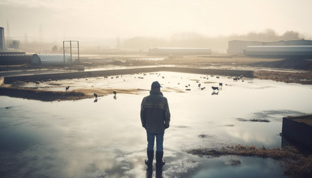 One man standing in solitude, reflecting on the tranquil scene generated by artificial intelligenceの素材