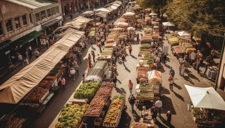 Busy market vendor selling fresh fruit to crowded city customers generated by artificial intelligenceの素材