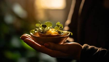 One woman holding a fresh fruit bowl, enjoying healthy eating generated by artificial intelligenceの素材