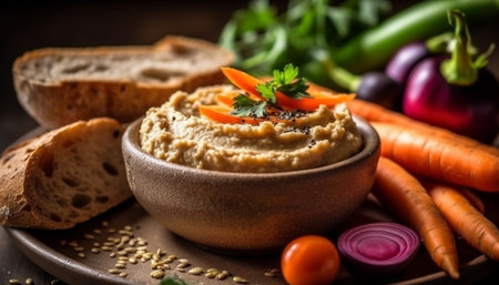 Fresh organic vegetarian soup with carrot, tomato, and parsley garnish generated by artificial intelligenceの素材