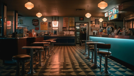 A modern bar counter illuminated by electric lamps and lanterns generated by artificial intelligenceの素材