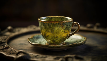 An old fashioned coffee cup on a rustic wooden table generated by artificial intelligenceの素材