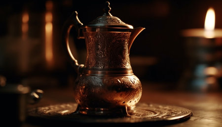 An antique teapot on a wooden table, a still life generated by artificial intelligenceの素材