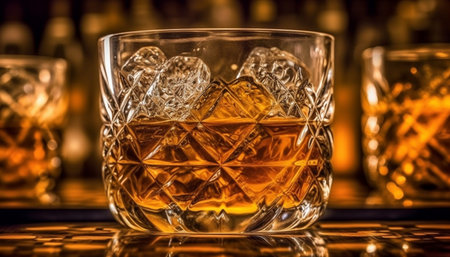 A luxurious whiskey cocktail in a gold colored drinking glass generated by artificial intelligenceの素材