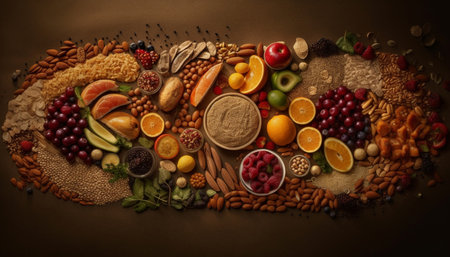 A bowl of granola with fresh berries and almond milk generated by artificial intelligenceの素材