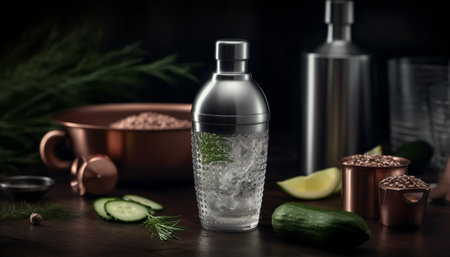 Organic cocktail with lime, cucumber, and cilantro on rustic table generated by artificial intelligenceの素材