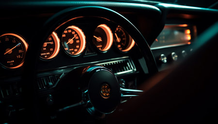 Sporty dashboard illuminates car elegance with shiny chrome equipment generated by artificial intelligenceの素材