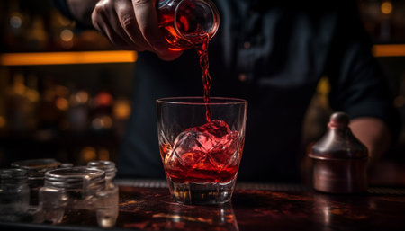 Bartender pouring whiskey cocktail over ice at dark bar counter generated by artificial intelligenceの素材