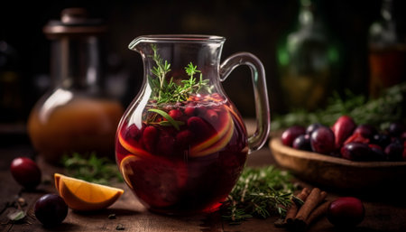 Rustic homemade cocktail with fresh berry and citrus fruit slices generated by artificial intelligenceの素材