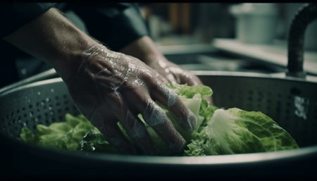 One person hand slices fresh vegetables for a healthy salad generated by artificial intelligenceの素材