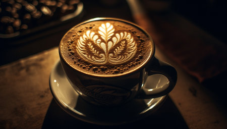 A frothy cappuccino on a rustic table with heart shaped foam generated by artificial intelligenceの素材