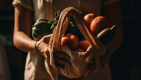 One woman holding a basket of ripe tomatoes, living healthy generated by artificial intelligenceの素材