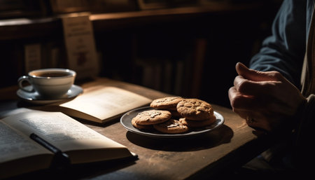 One person indulges in homemade chocolate chip cookie and coffee generated by artificial intelligenceの素材
