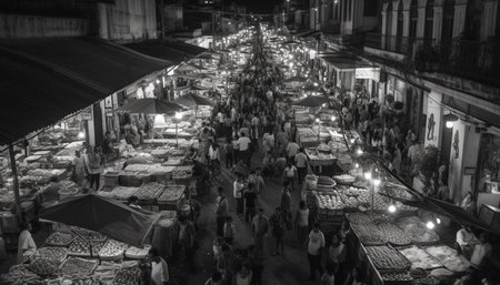 Busy night market vendors selling souvenirs in crowded city streets generated by artificial intelligenceの素材