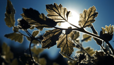 Vibrant autumn foliage on maple tree, back lit by sun generated by artificial intelligenceの素材