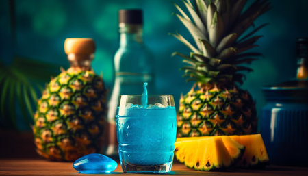 A refreshing pineapple cocktail on a summer table with ice generated by artificial intelligenceの素材