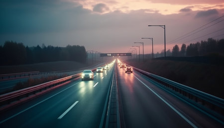 On the move, journey through cityscape, twilight, road markings generated by artificial intelligenceの素材
