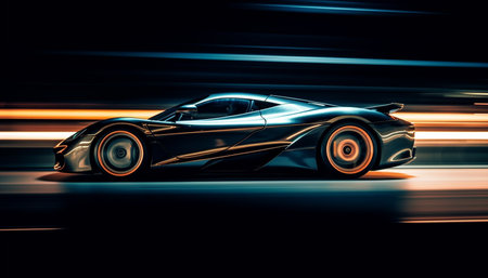 Blurred motion of a shiny sports car racing at night generated by artificial intelligenceの素材