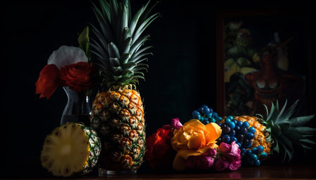 Fresh tropical fruit arrangement on wooden table, perfect for dieting generated by artificial intelligenceの素材