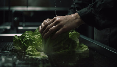 One person preparing a healthy vegetarian salad with fresh ingredients generated by artificial intelligenceの素材