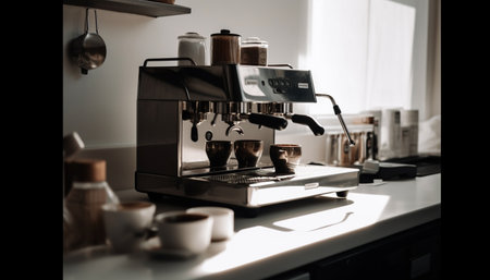 Modern coffee making Selective focus on metal grinder, working appliance generated by artificial intelligenceの素材