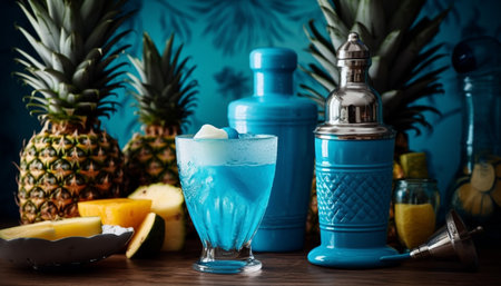 A refreshing pineapple cocktail on a wooden table with ice generated by artificial intelligenceの素材