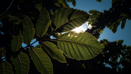 The vibrant green leaf veins create an abstract pattern generated by artificial intelligenceの素材