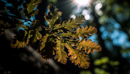 Vibrant autumn maple tree branch, back lit with yellow sunlight generated by artificial intelligenceの素材