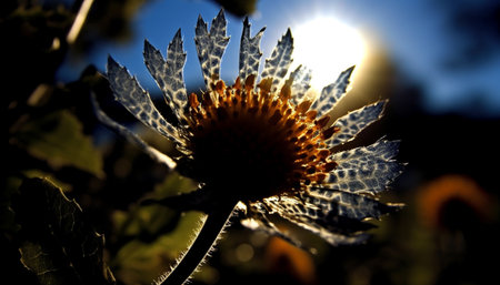 A vibrant yellow daisy in a green meadow, backlit by sunlight generated by artificial intelligenceの素材