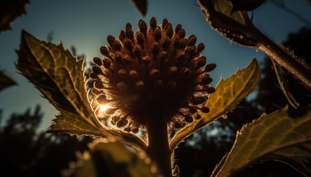 A vibrant yellow flower head silhouetted against a blue dusk generated by artificial intelligenceの素材