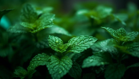 Fresh spearmint leaf with dew drop, a new life pattern generated by artificial intelligenceの素材
