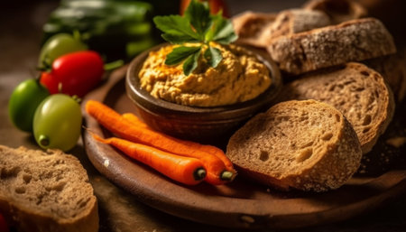 A rustic vegetarian appetizer homemade guacamole with fresh vegetables and ciabatta generated by artificial intelligenceの素材