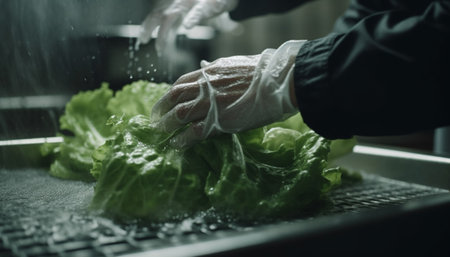 Healthy vegetarian salad prepared by chef in commercial kitchen indoors generated by artificial intelligenceの素材