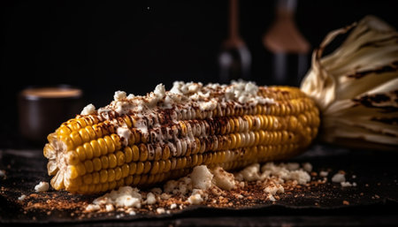 Grilled corn on the cob, a sweet autumn snack outdoors generated by artificial intelligenceの素材