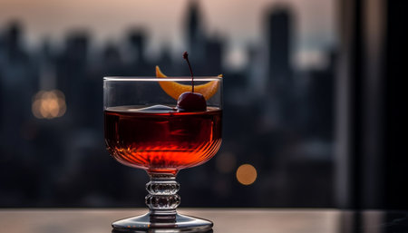 A refreshing cocktail with ice, fruit, and elegance served tableside generated by artificial intelligenceの素材