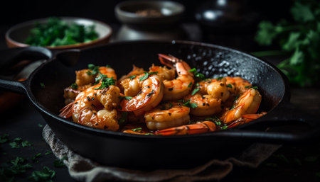 Grilled prawn and scampi appetizer, cooked to perfection on cast iron generated by artificial intelligenceの素材